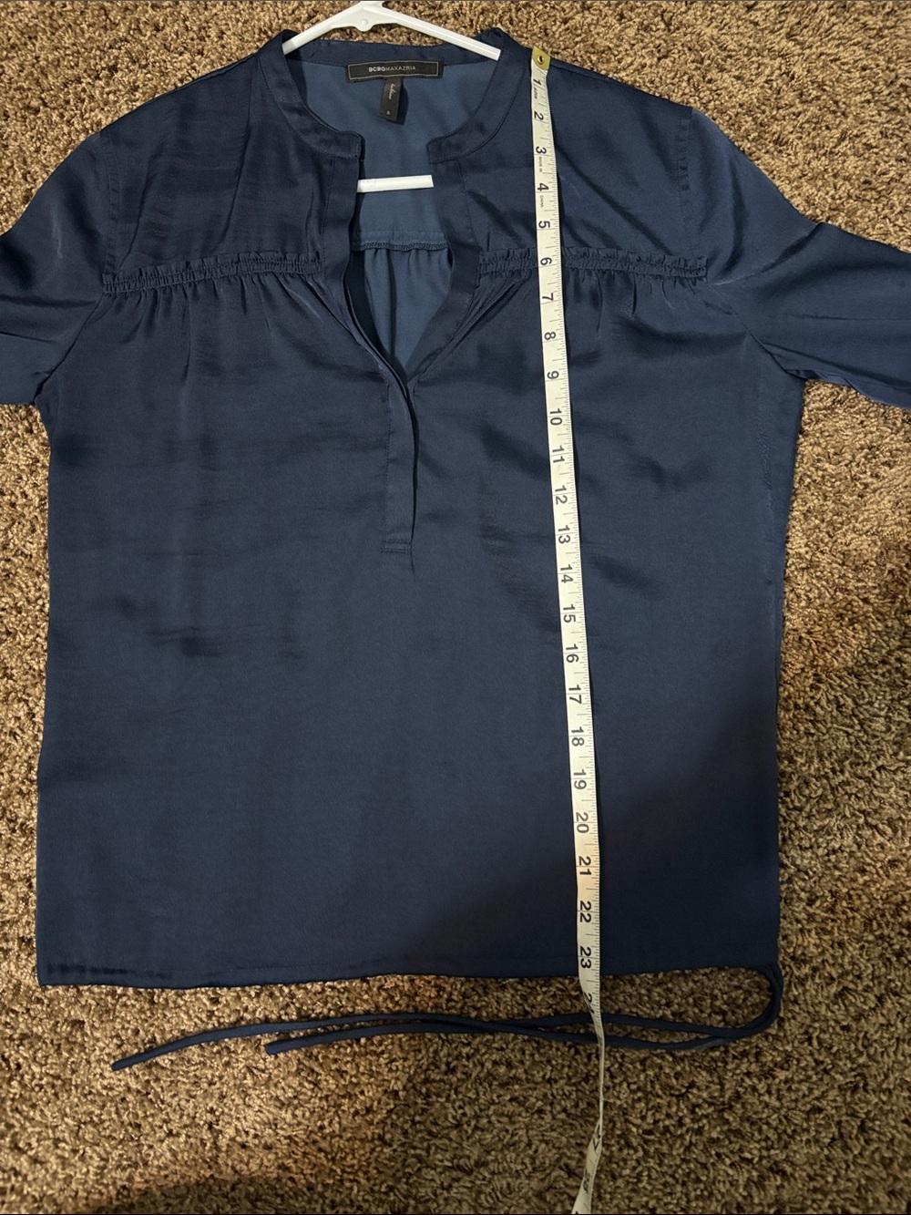 BCBG Blouse Navy Satin V-Neck Drawstring Waist Small 3/4 Sleeve - Picture 7 of 8